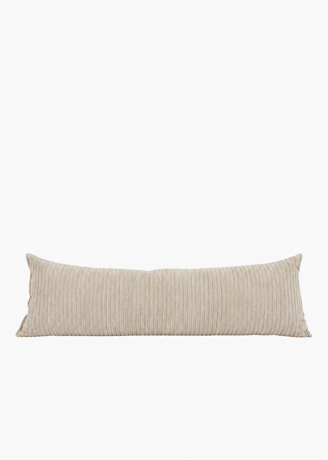 A long, rectangular lumbar pillow in a textured beige corduroy fabric, shown against a plain white background.