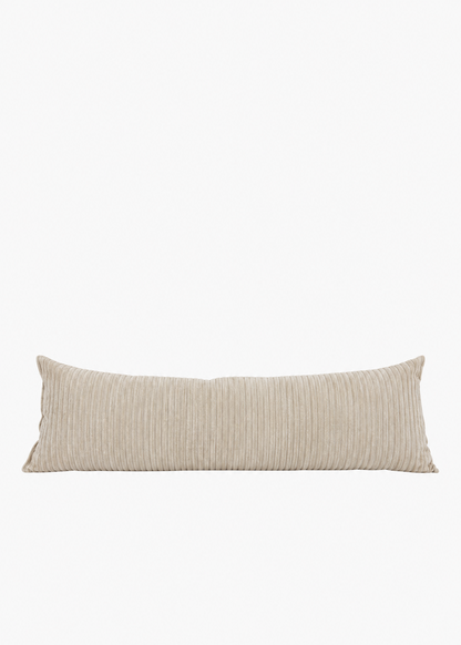A long, rectangular lumbar pillow in a textured beige corduroy fabric, shown against a plain white background.