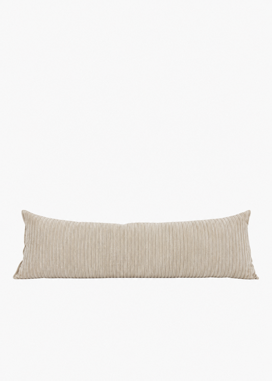 A long, rectangular lumbar pillow in a textured beige corduroy fabric, shown against a plain white background.