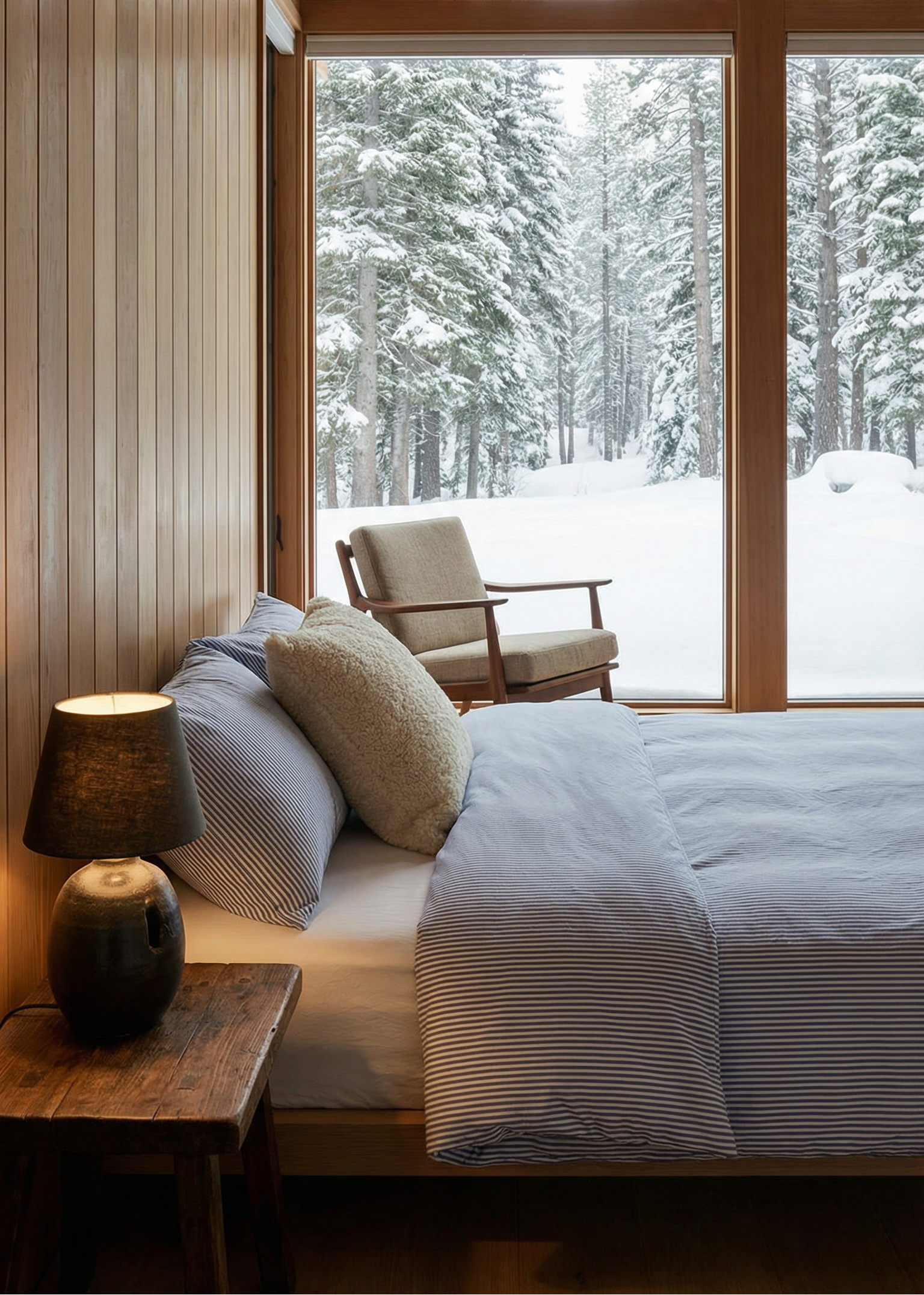 Cozy bedroom with a large window view of a snowy forest