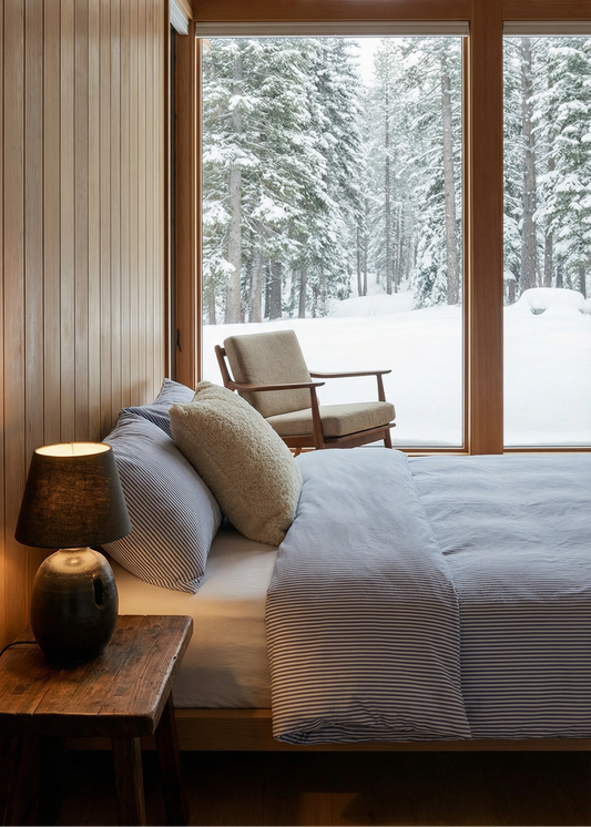 Cozy bedroom with a large window view of a snowy forest