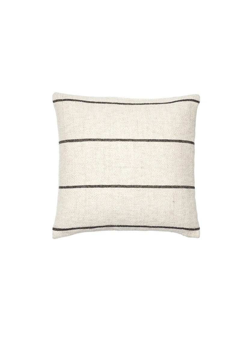 A square throw pillow in a textured off-white linen fabric with three thin horizontal black stripes, shown against a plain white background.