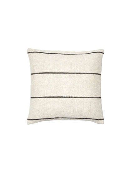A square throw pillow in a textured off-white linen fabric with three thin horizontal black stripes, shown against a plain white background.