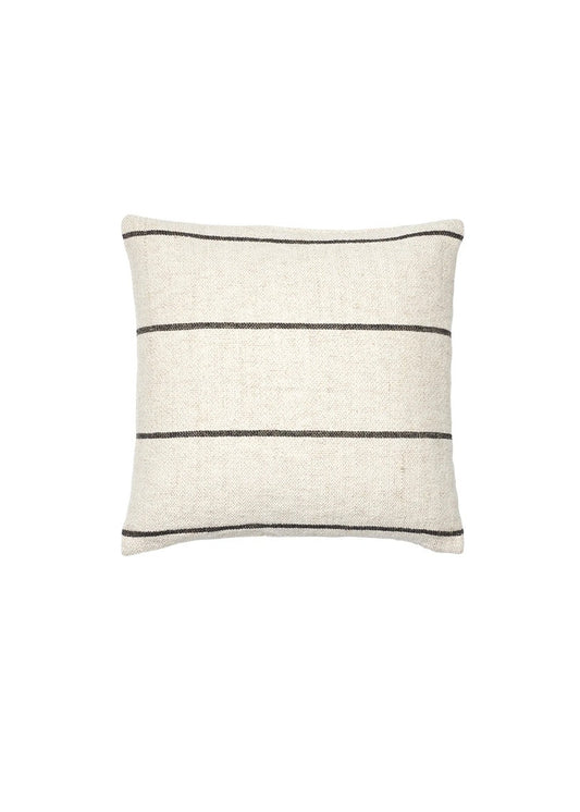 A square throw pillow in a textured off-white linen fabric with three thin horizontal black stripes, shown against a plain white background.