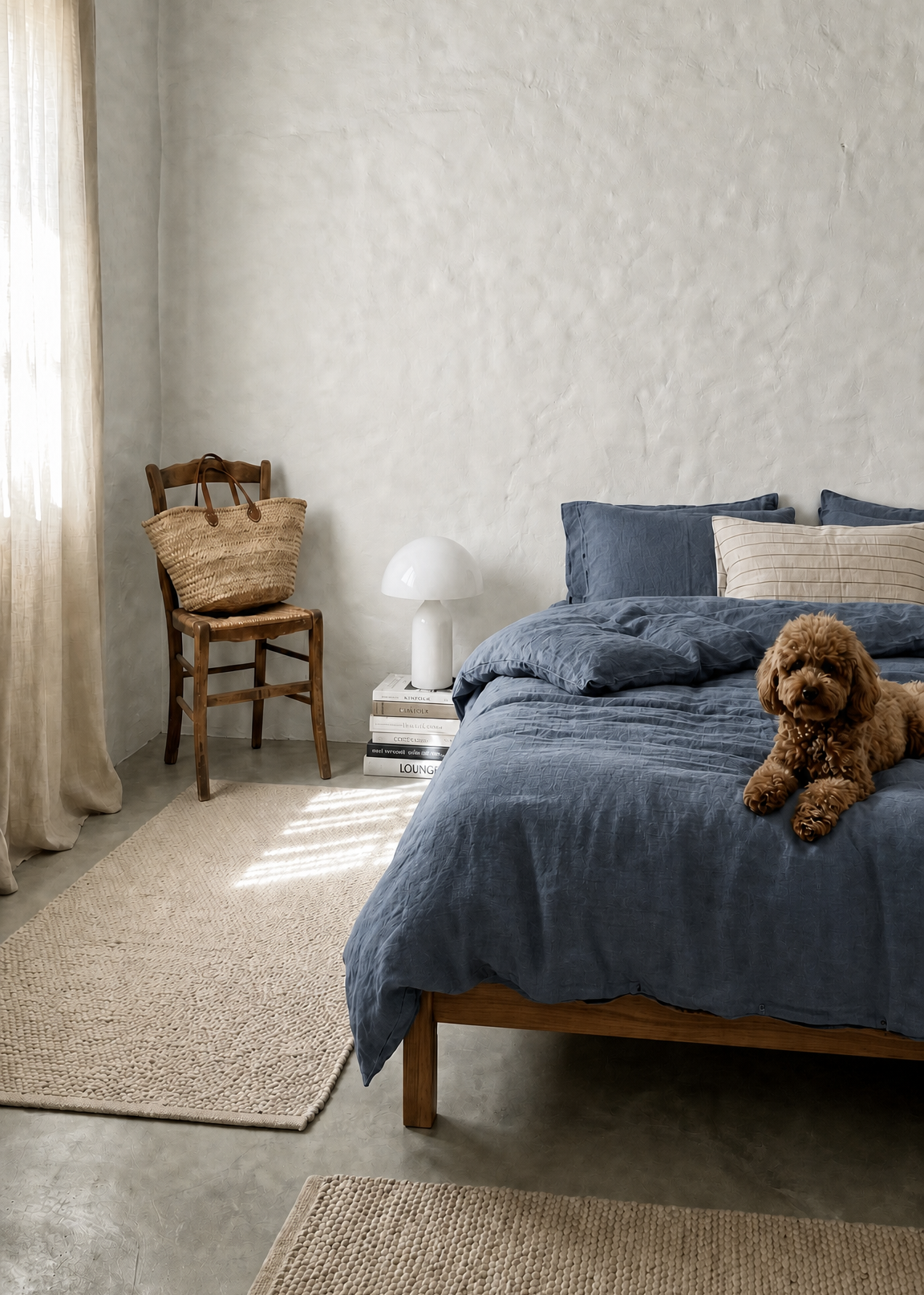A rustic bedroom scene with a bed dressed in slate blue bedding and a small brown dog lying on the bed. A wooden chair with a woven bag sits beside a window with sheer curtains, and textured rugs cover the floor.