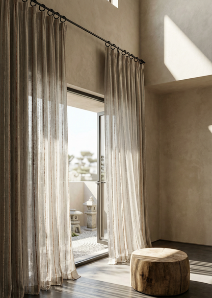 Sheer curtains in a modern room with a wooden stool and large windows.