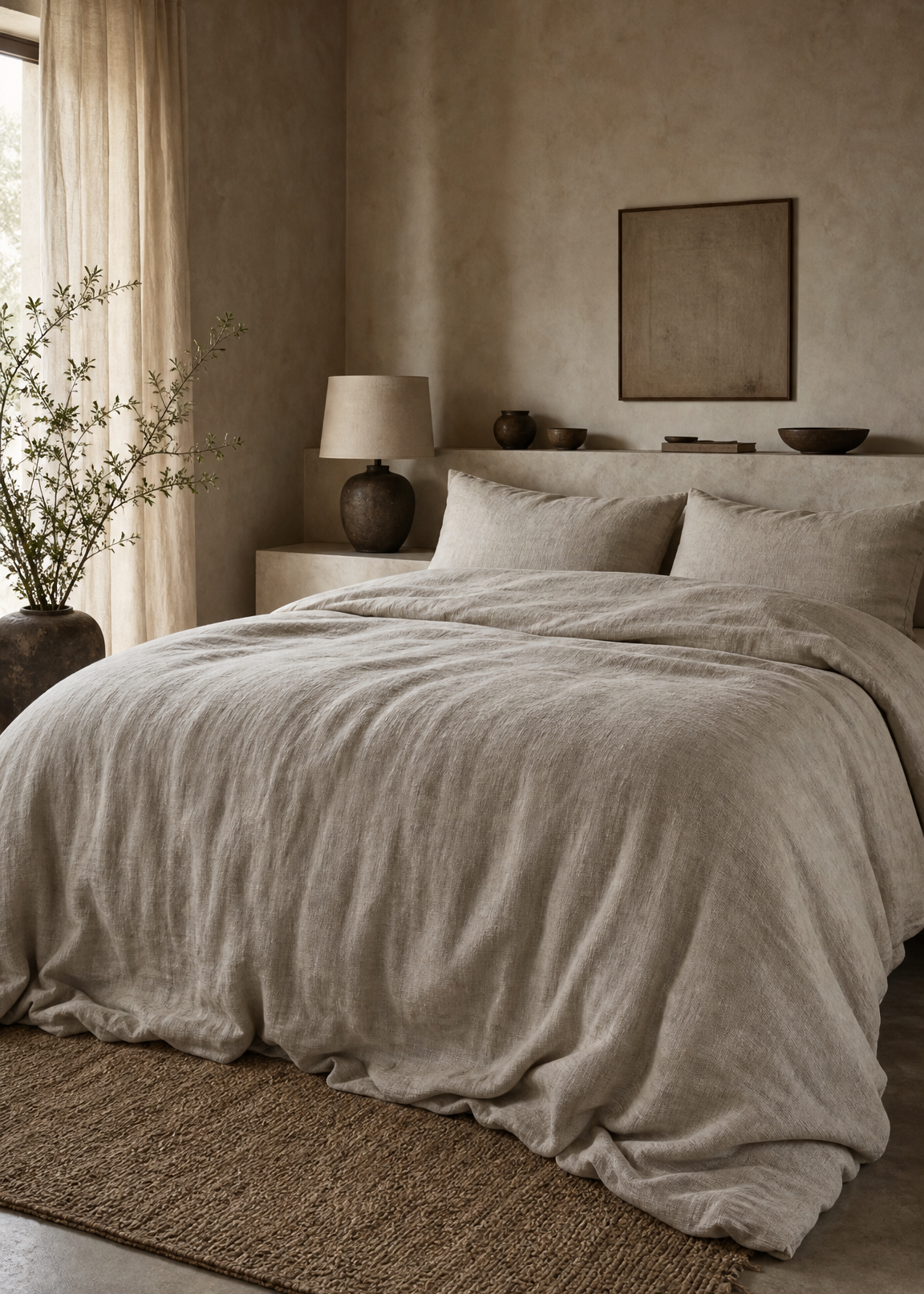 Neatly made bed in a bedroom with neutral tones