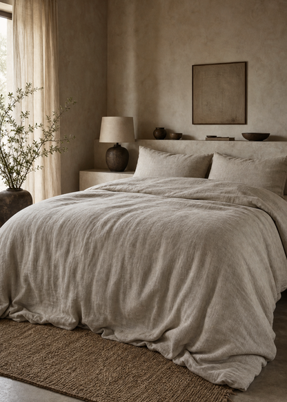 Neatly made bed in a bedroom with neutral tones