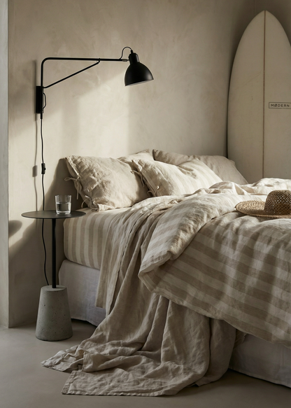 Linen Fitted Sheet Wide Beige Stripe - Made in New Zealand