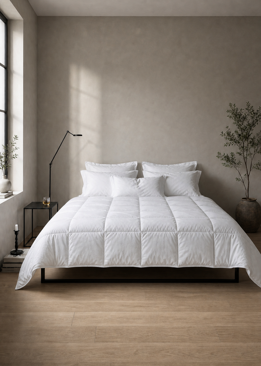 A white quilted comforter with matching pillows styled on a bed in a minimalist bedroom with light wood flooring and a textured beige wall.