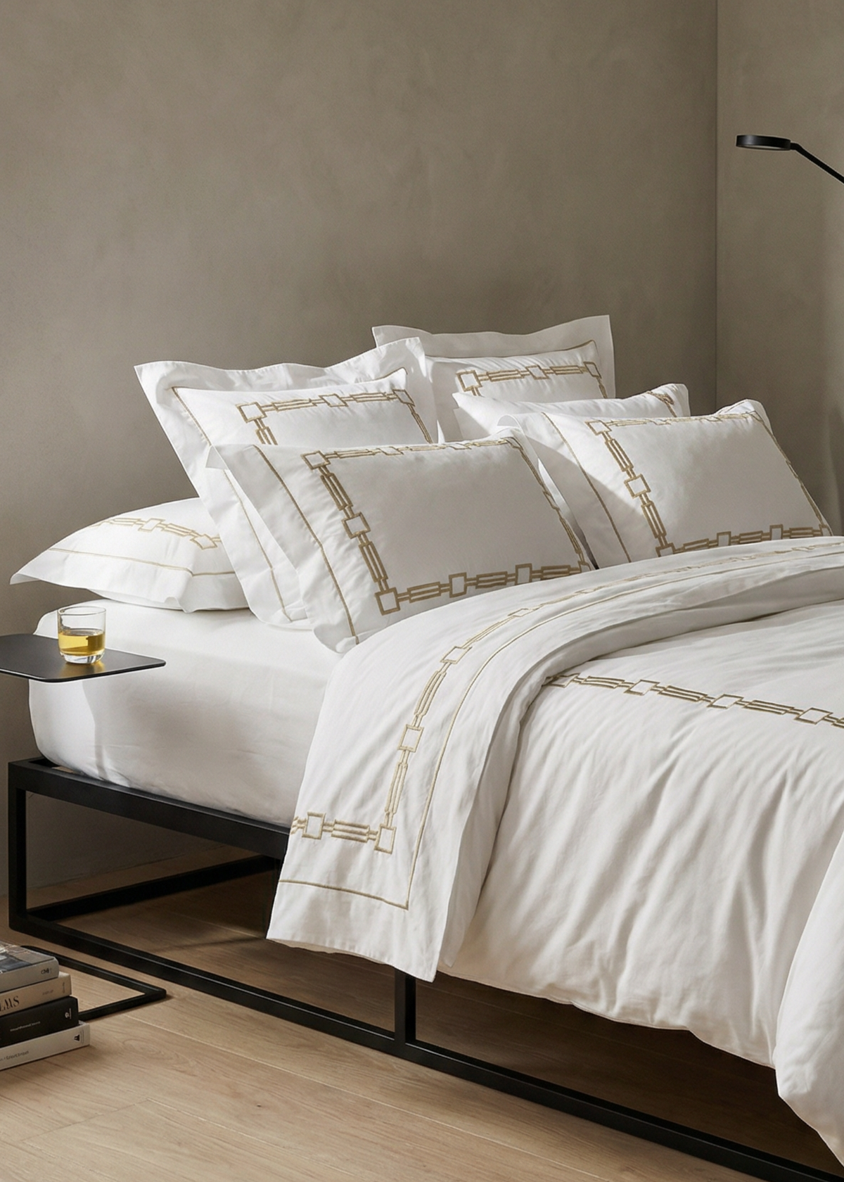 Neatly made bed with white bedding in a bedroom setting.
