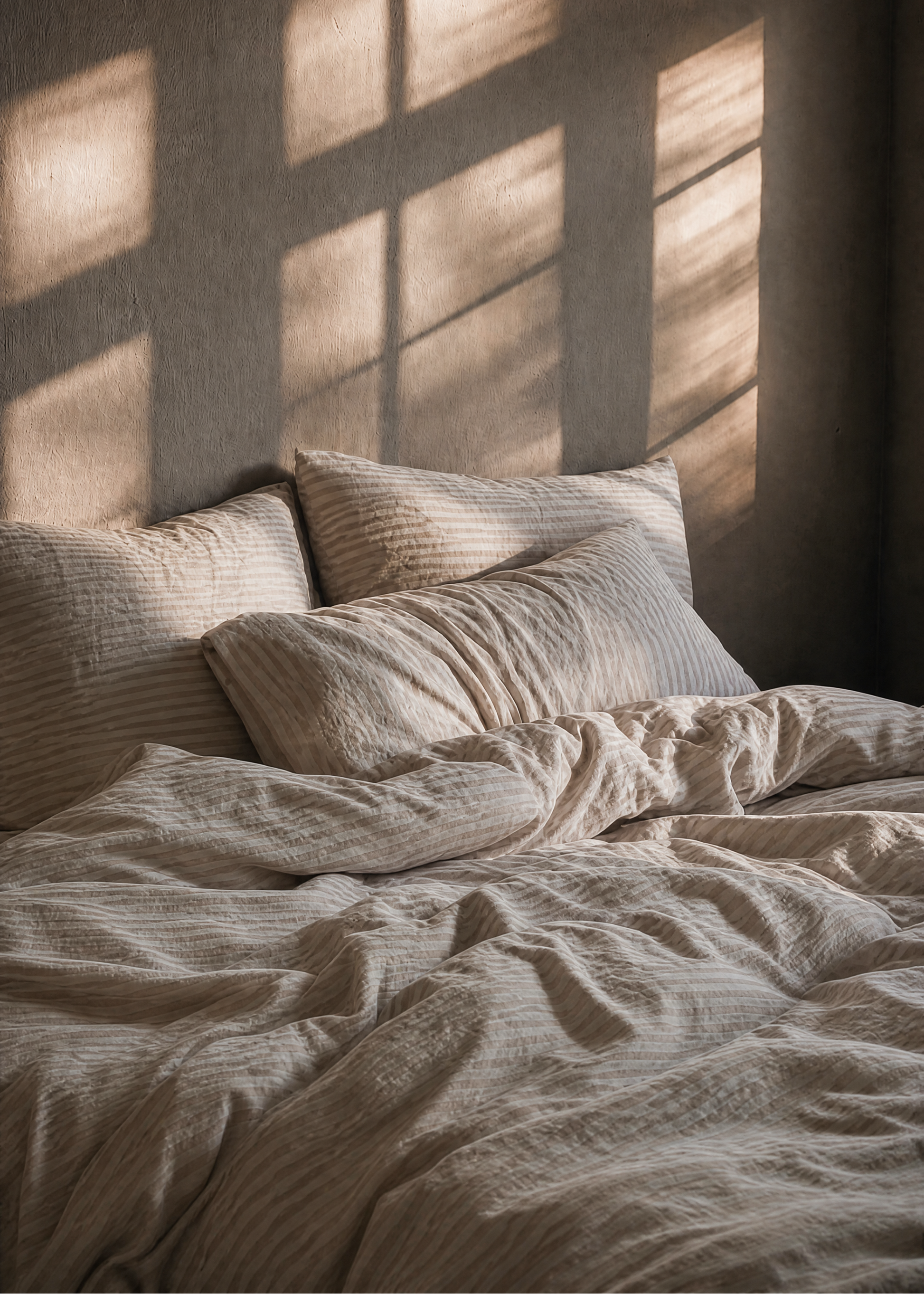 Bed with pillows and rumpled blanket in a room with sunlight filtering through a window.