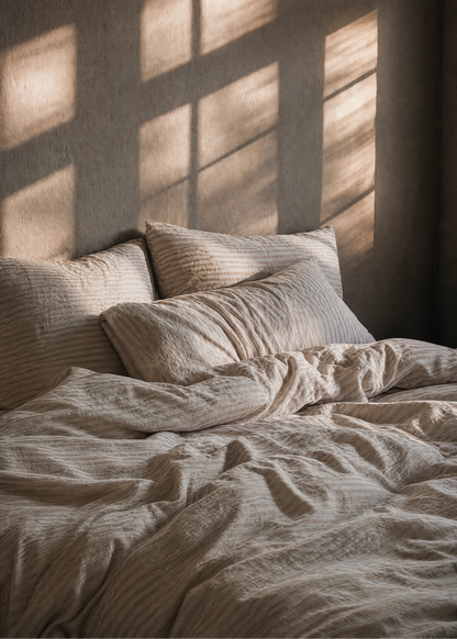 Bed with pillows and rumpled blanket in a room with sunlight filtering through a window.