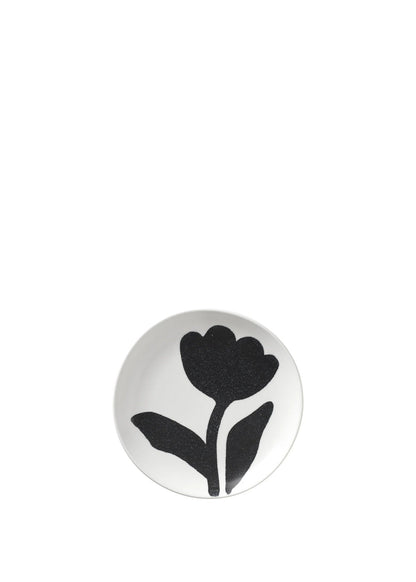 Round black flower design on a white background