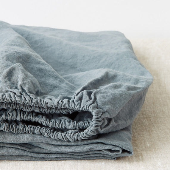 Linen Fitted Sheet - Fog Blue