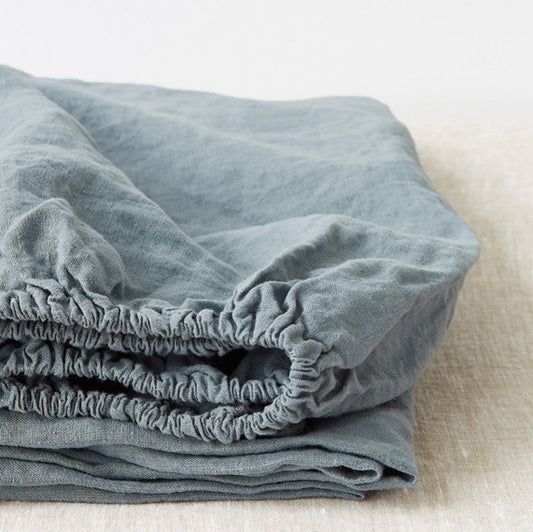 Linen Fitted Sheet - Fog Blue