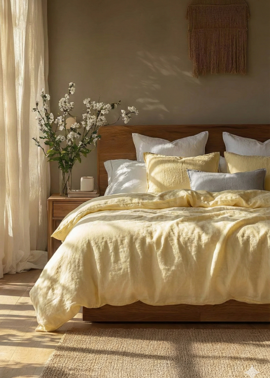 Bedroom with yellow bedding and white flowers on a wooden nightstand.