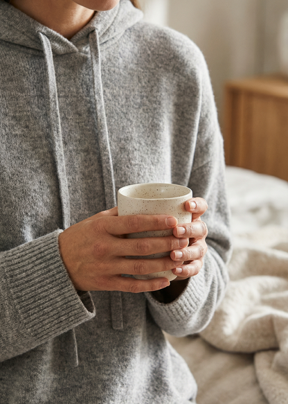 Person wearing a gray hoodie holding a white mug in a cozy indoor setting.
