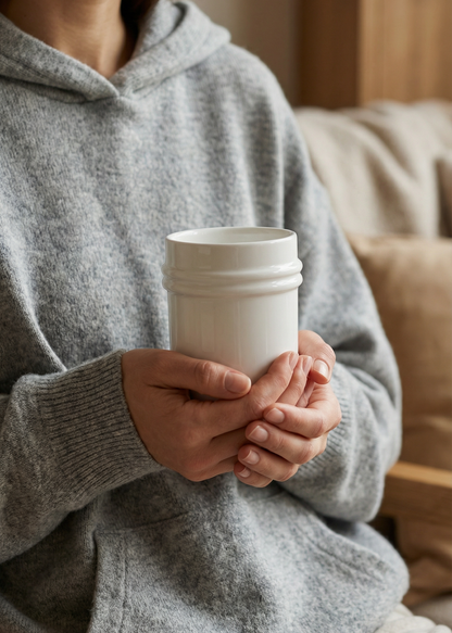 Person wearing a gray hoodie holding a white mug indoors.