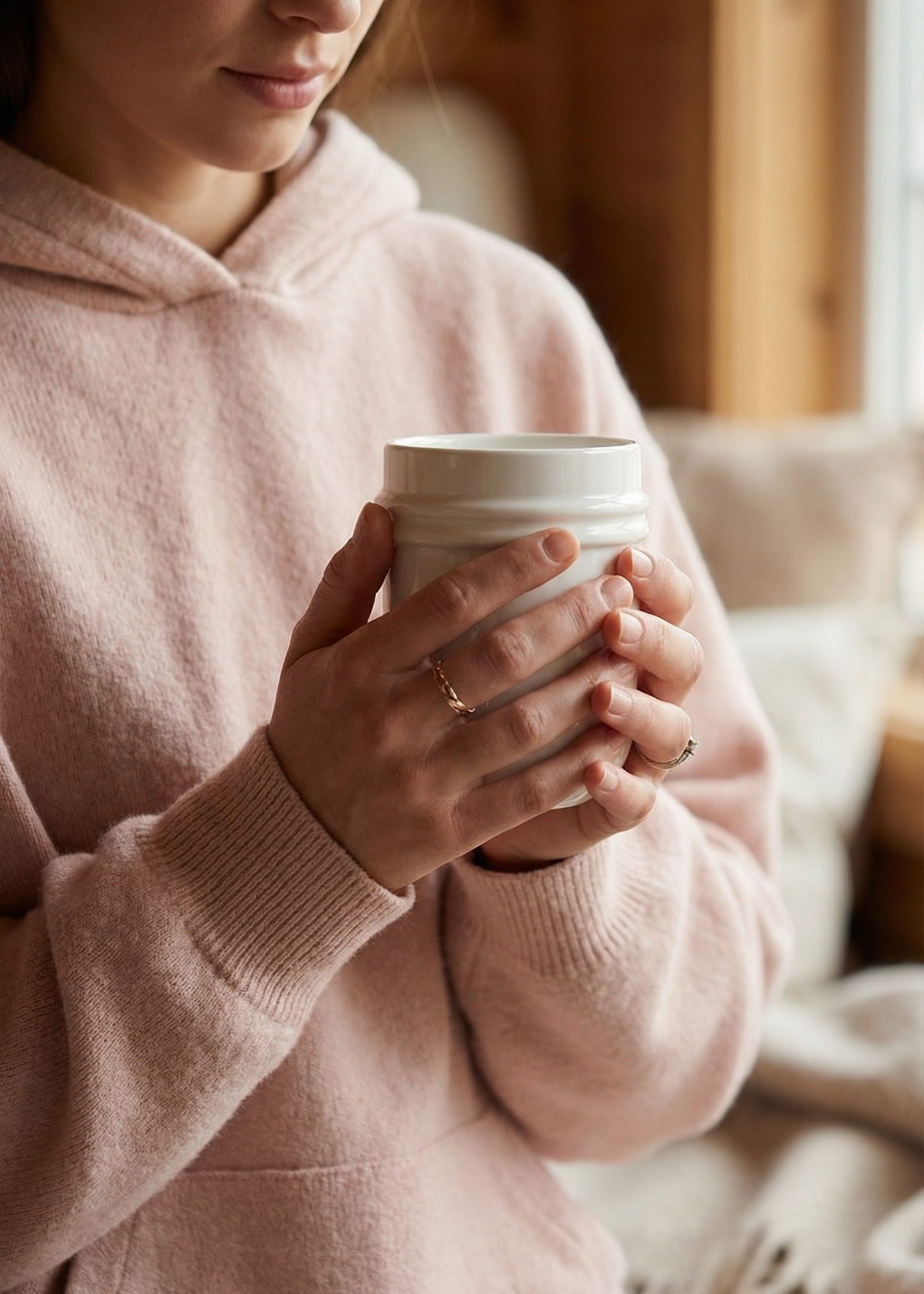 Woman in a pink sweater holding a white mug indoors.