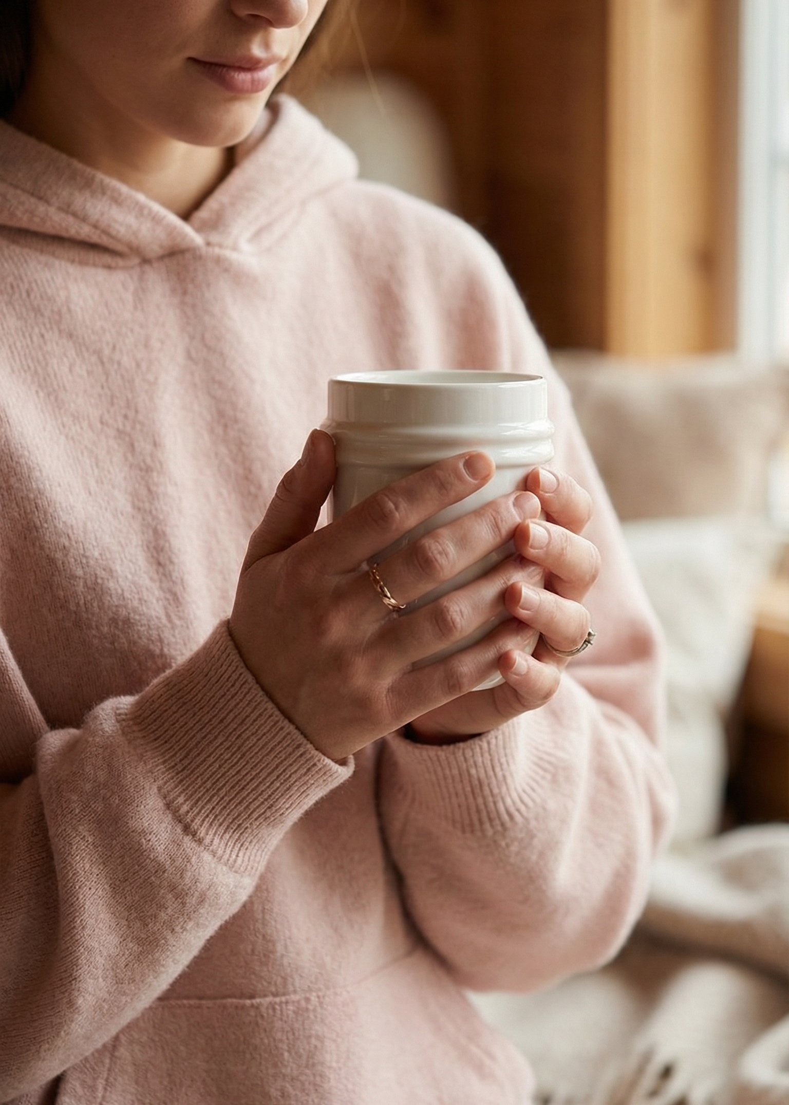 Woman in a pink sweater holding a white mug indoors.