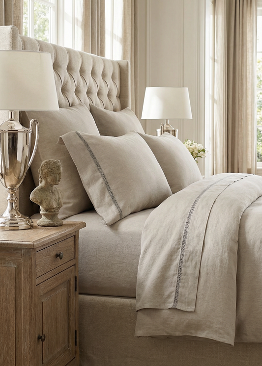 Neatly made bed with beige bedding in a bedroom setting.