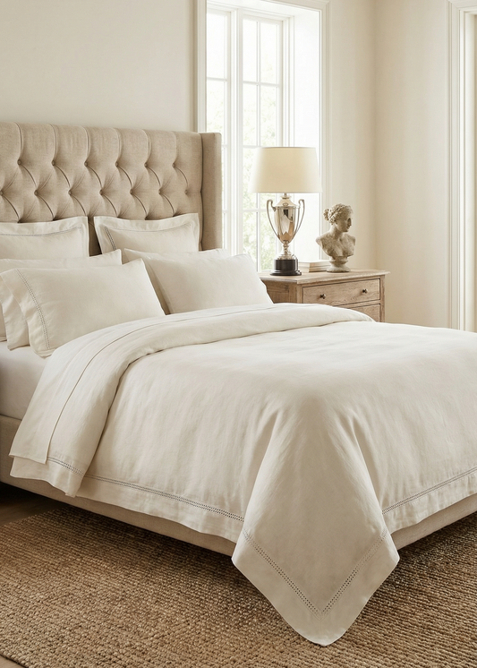 Neatly made bed with beige headboard and white bedding in a bedroom setting.