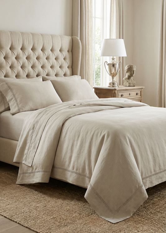 Neatly made bed with beige bedding in a bedroom setting.