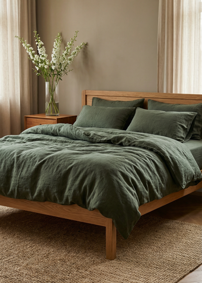 Bedroom with green bedding and wooden furniture on a beige rug.