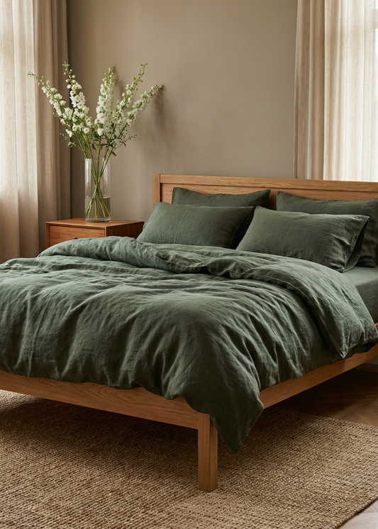 Bedroom with green bedding and wooden furniture on a beige rug.