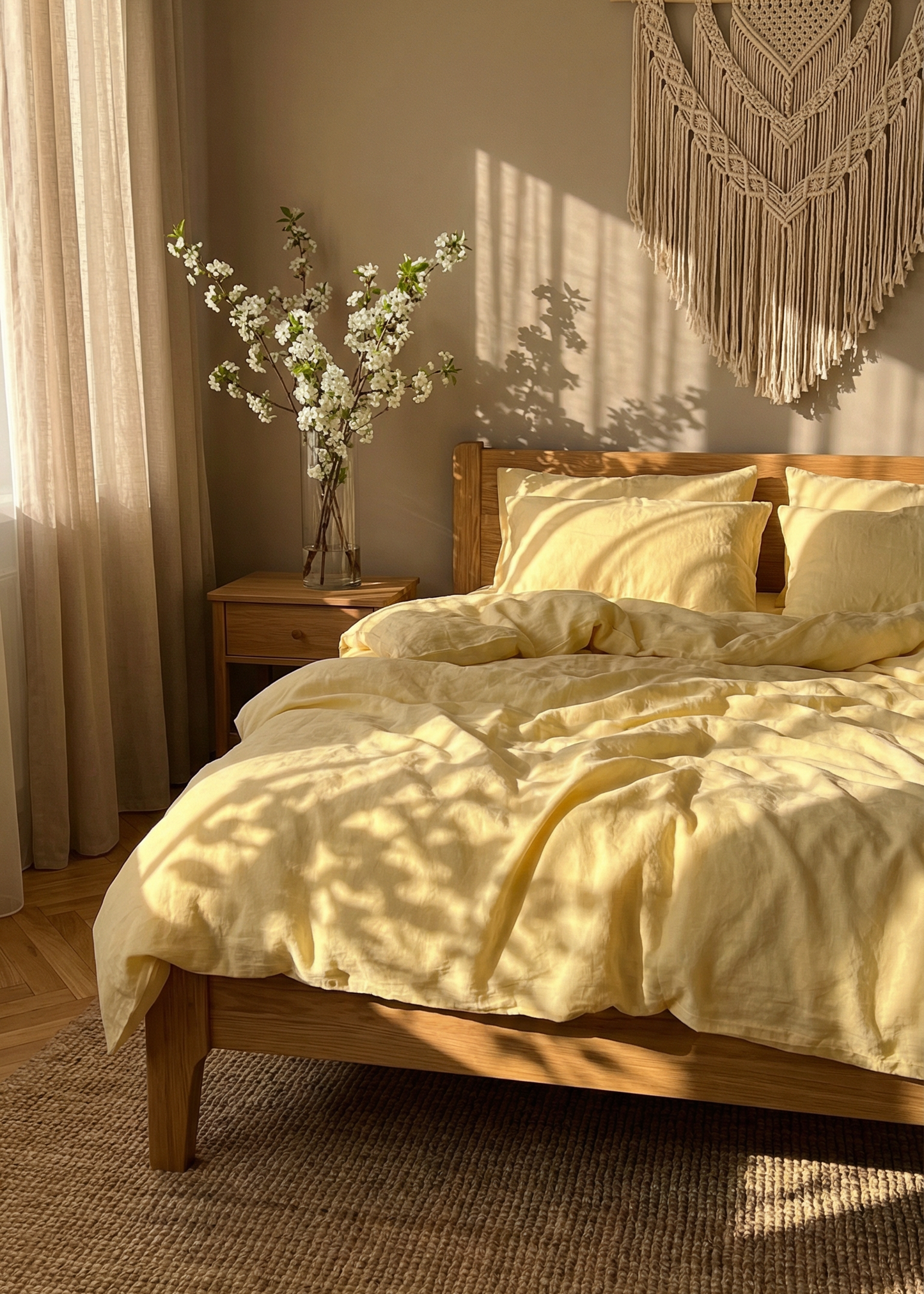 Bedroom with wooden bed, yellow bedding, and macrame wall hanging.