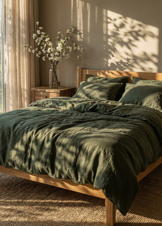 Bedroom with green bedding and natural light filtering through curtains