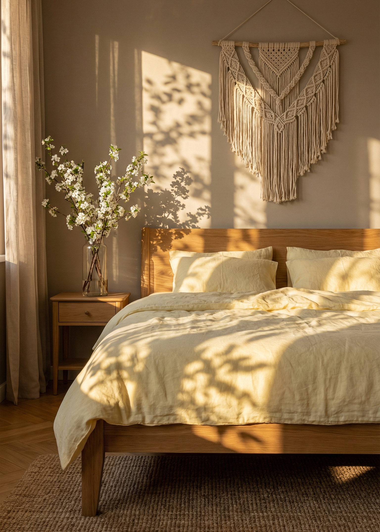 Cozy bedroom with wooden bed, macrame wall hanging, and natural light.