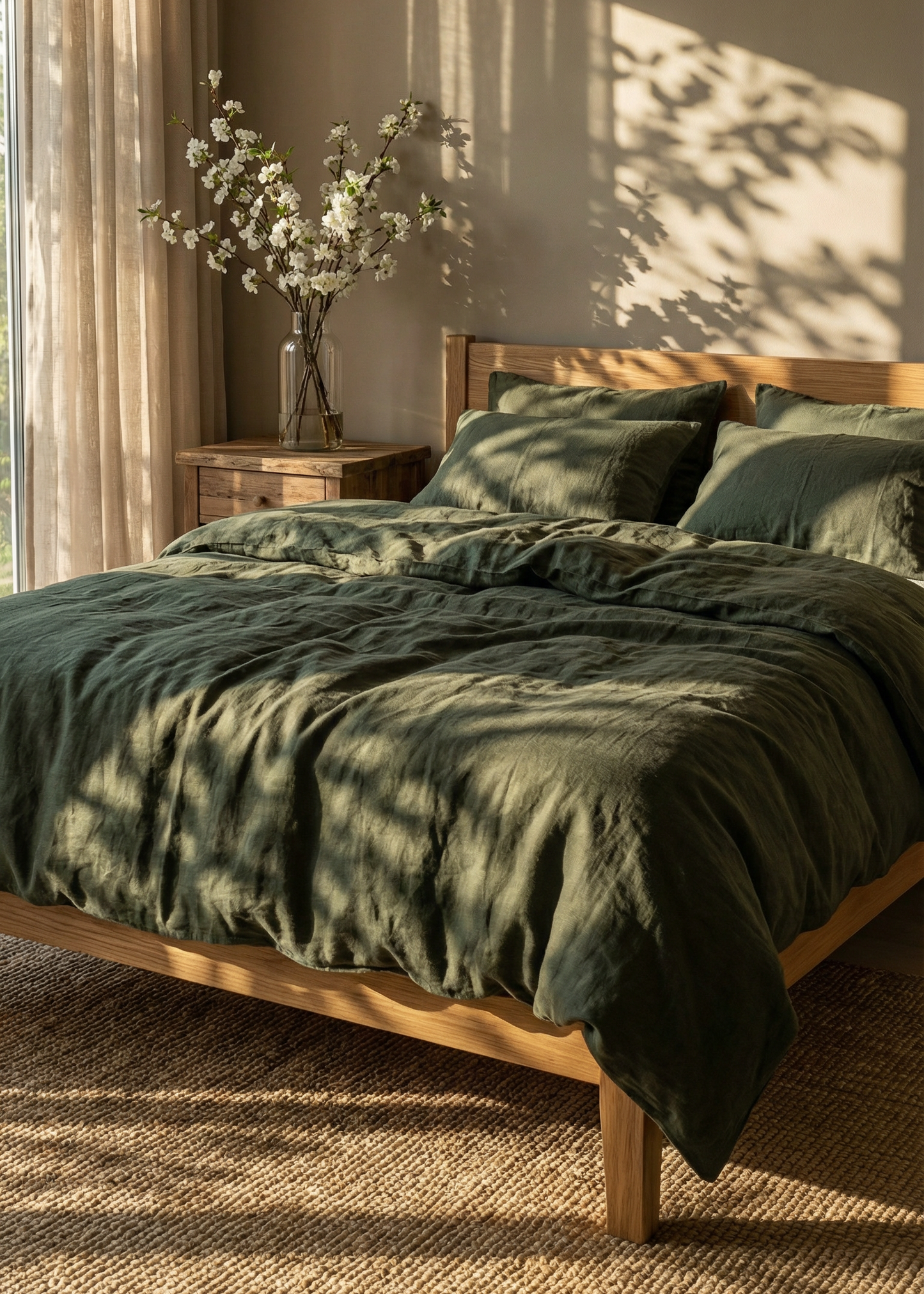 Bedroom with green bedding and natural light filtering through curtains