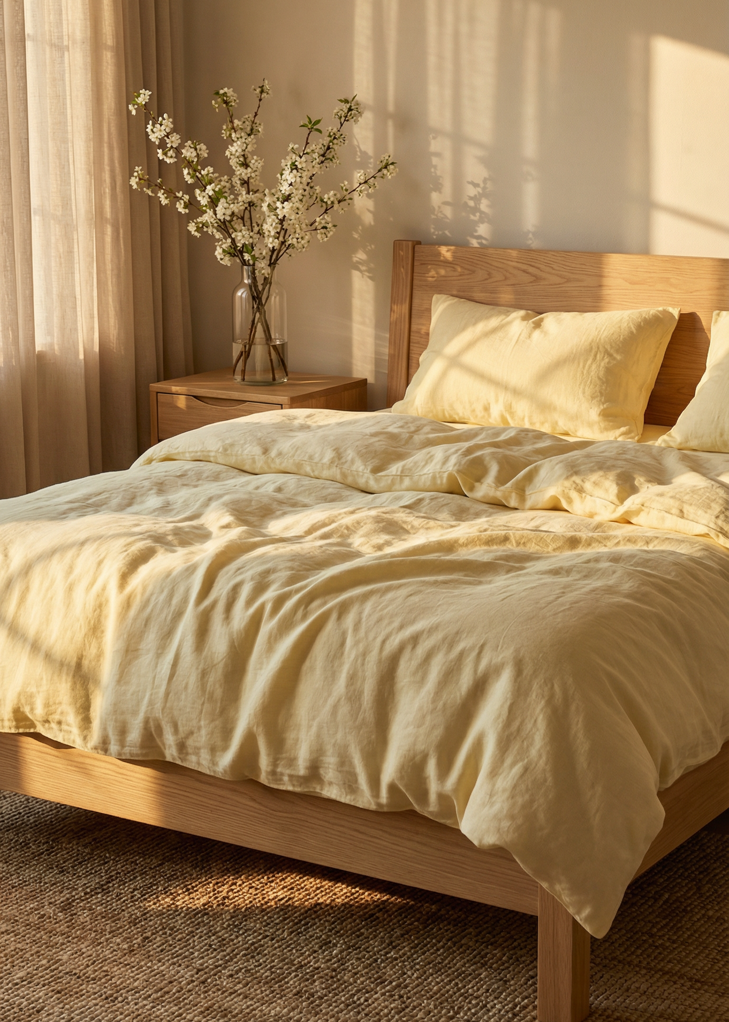 Bedroom with wooden bed, yellow bedding, and a vase with flowers on a side table.