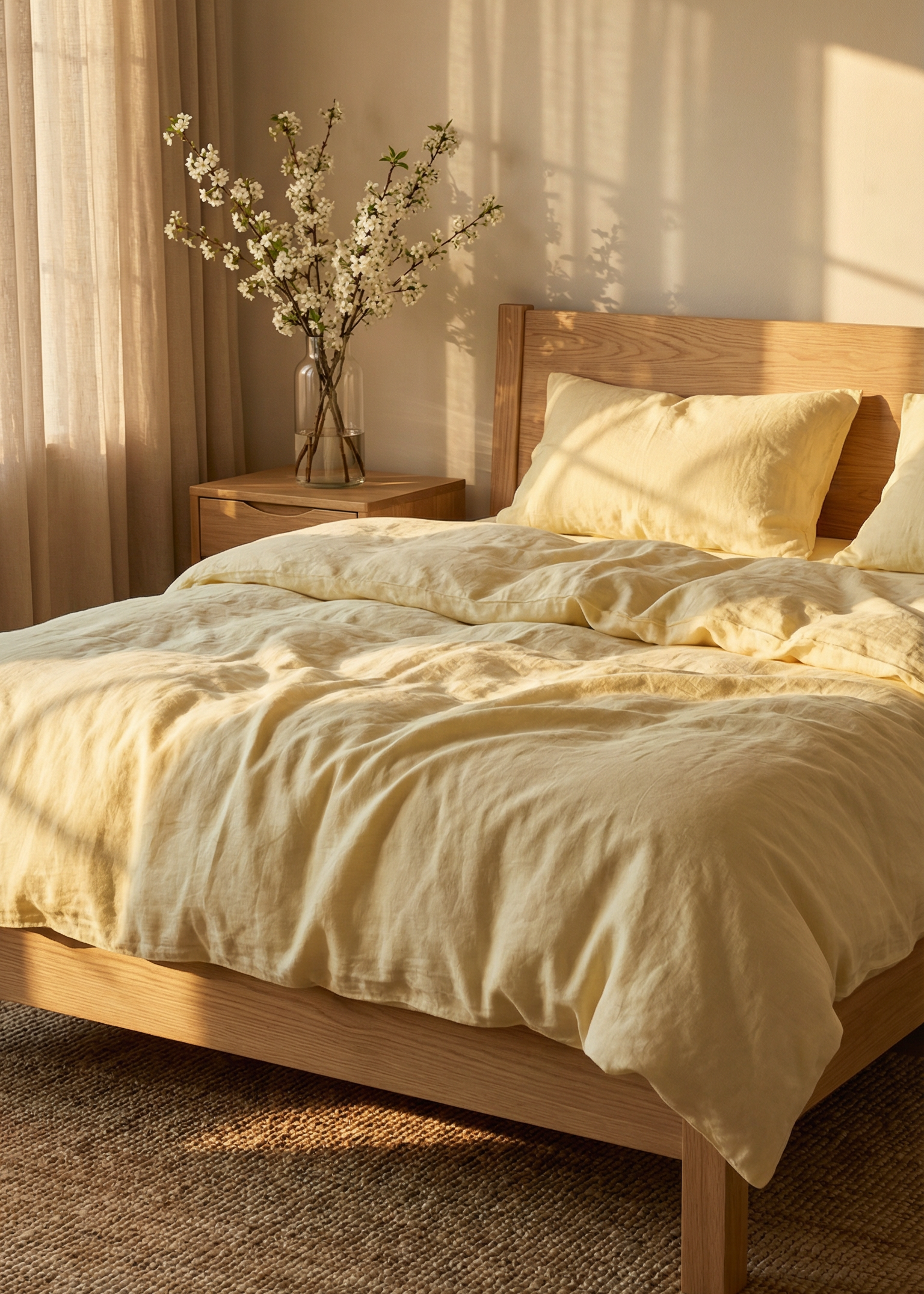 Bedroom with wooden bed, yellow bedding, and a vase with flowers on a side table.