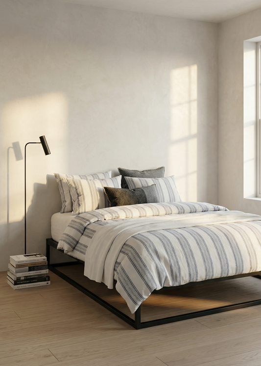 Modern bedroom with a bed featuring striped bedding, a lamp, and a window.