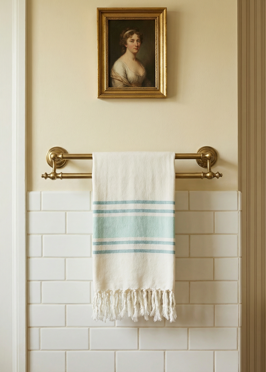 Towel hanging on a towel rack with a framed portrait above in a bathroom setting.