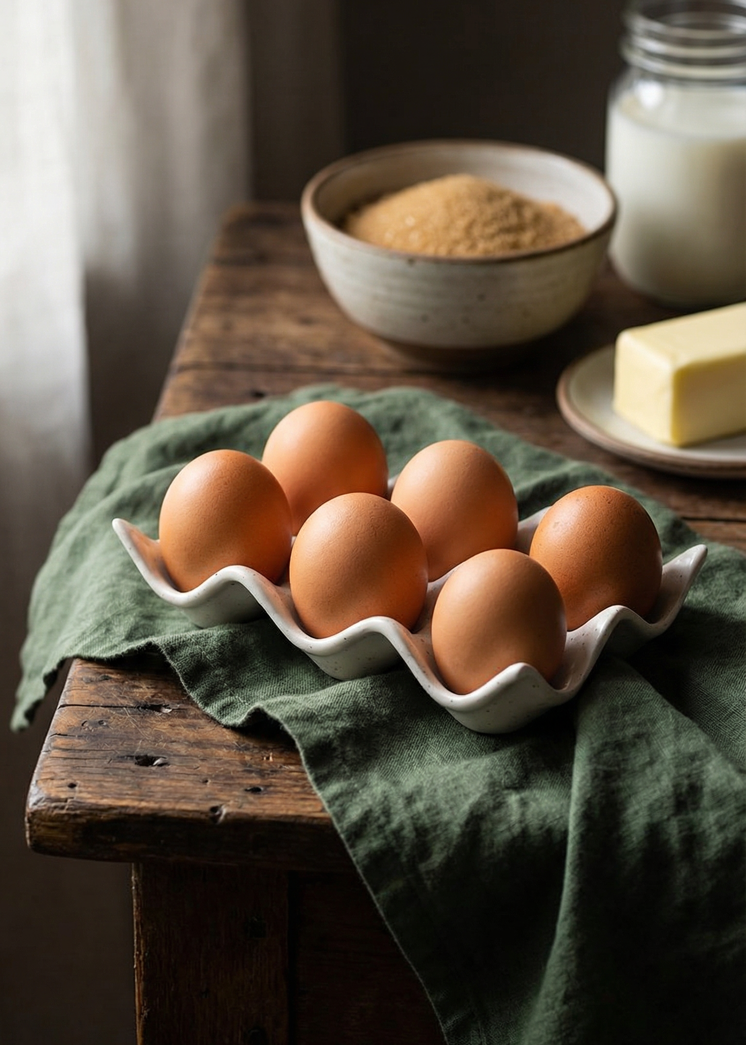 Brown eggs in a white carton on a wooden table with a green cloth, sugar bowl, and butter block in the background.