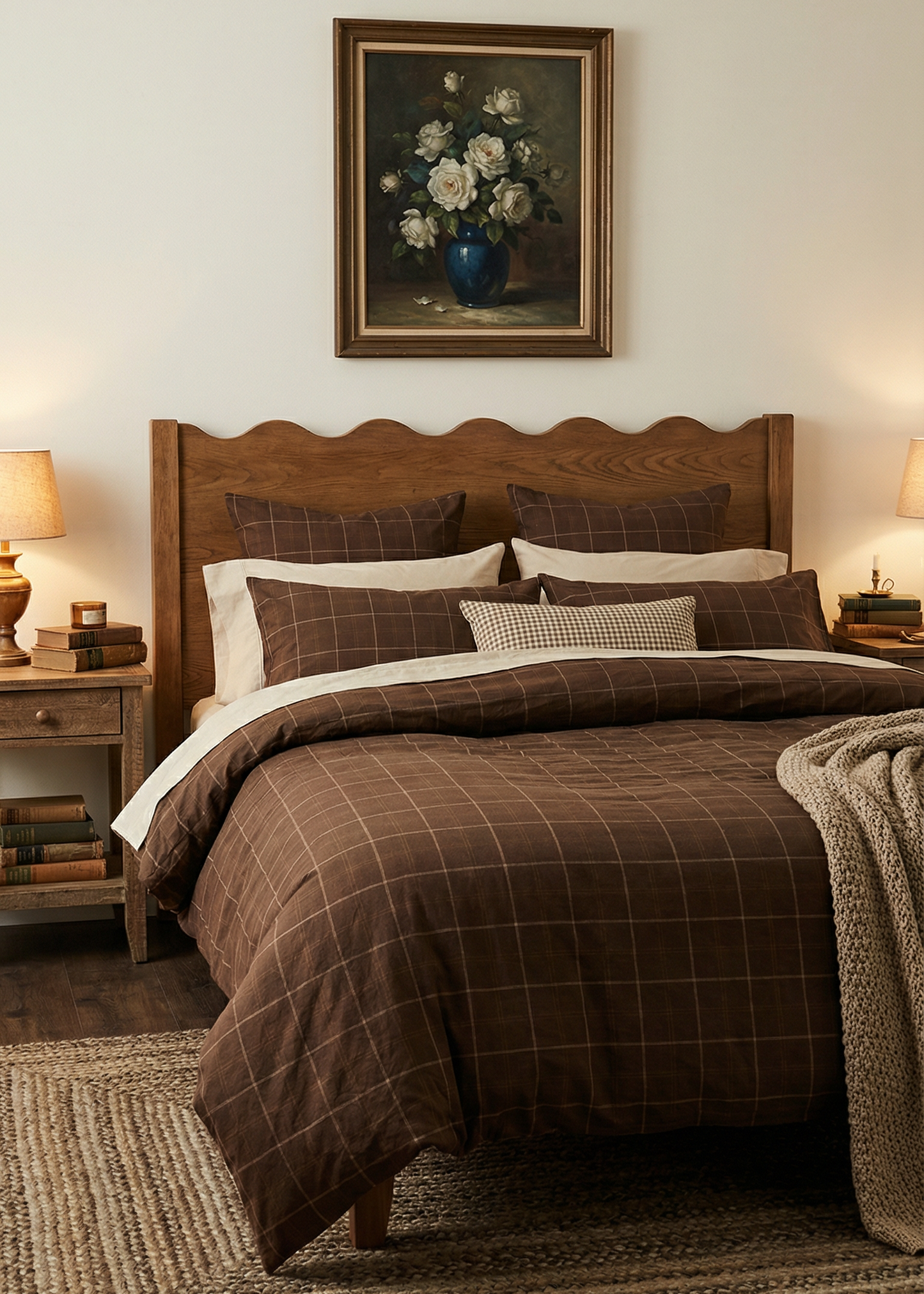 Bedroom with wooden headboard, plaid comforter, and framed floral painting on wall.