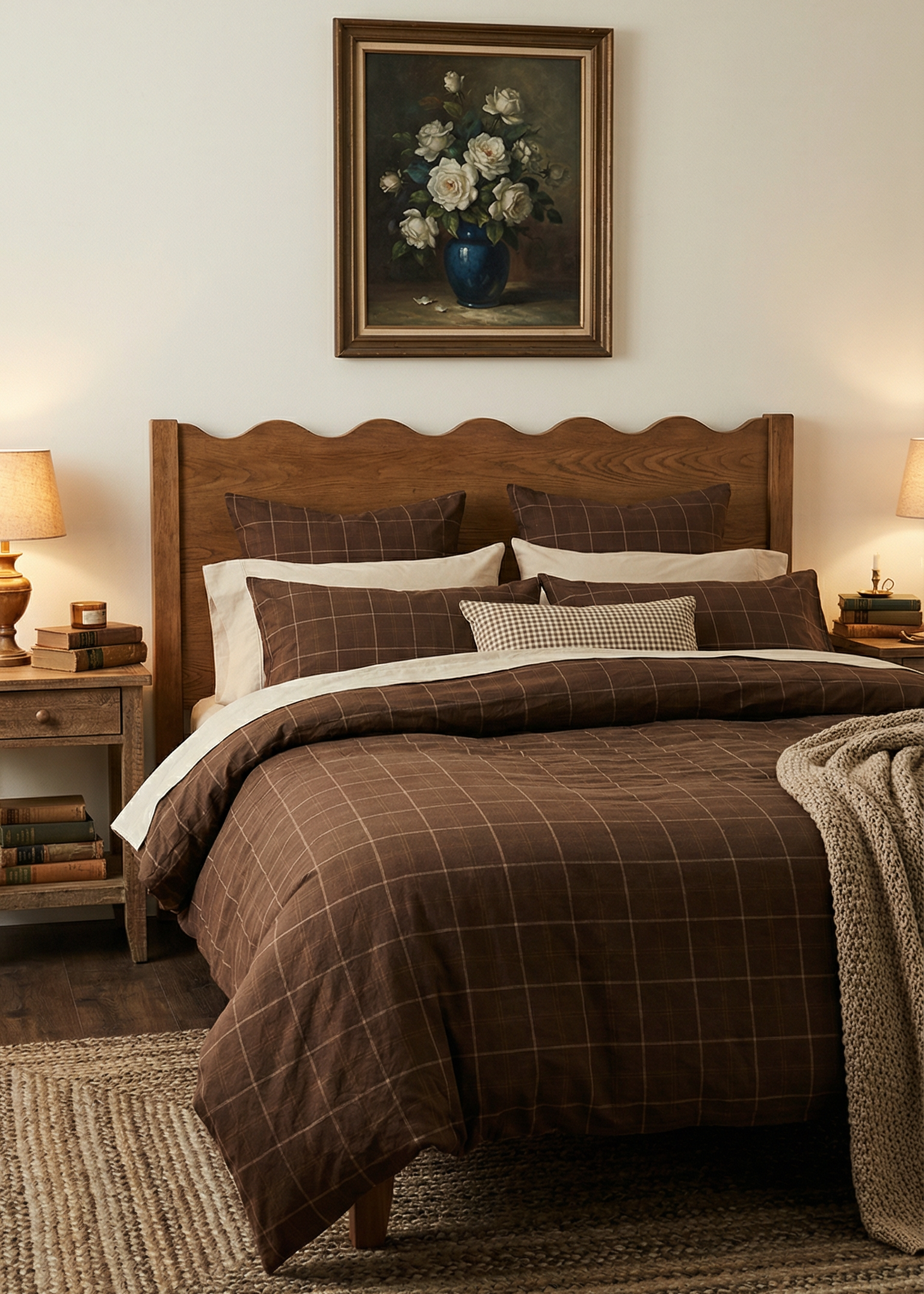 Bedroom with wooden headboard, plaid comforter, and framed floral painting on wall.