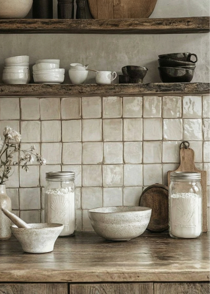 Kitchen shelves with ceramic bowls and jars against a tiled wall.