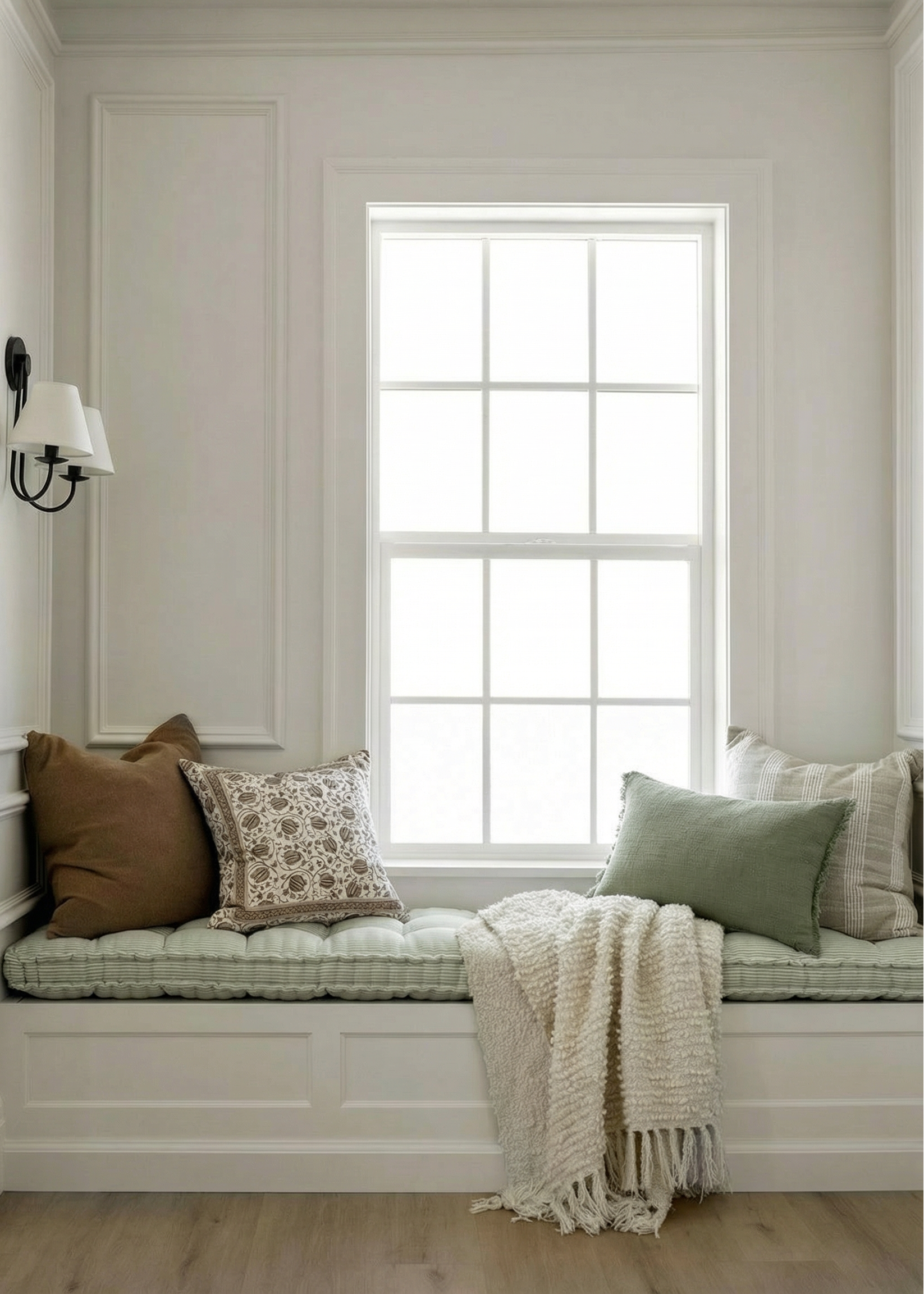 Window seat with cushions and a blanket in a room with white walls and a window.