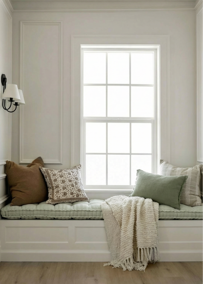 Window seat with cushions and a blanket in a room with white walls and a window.