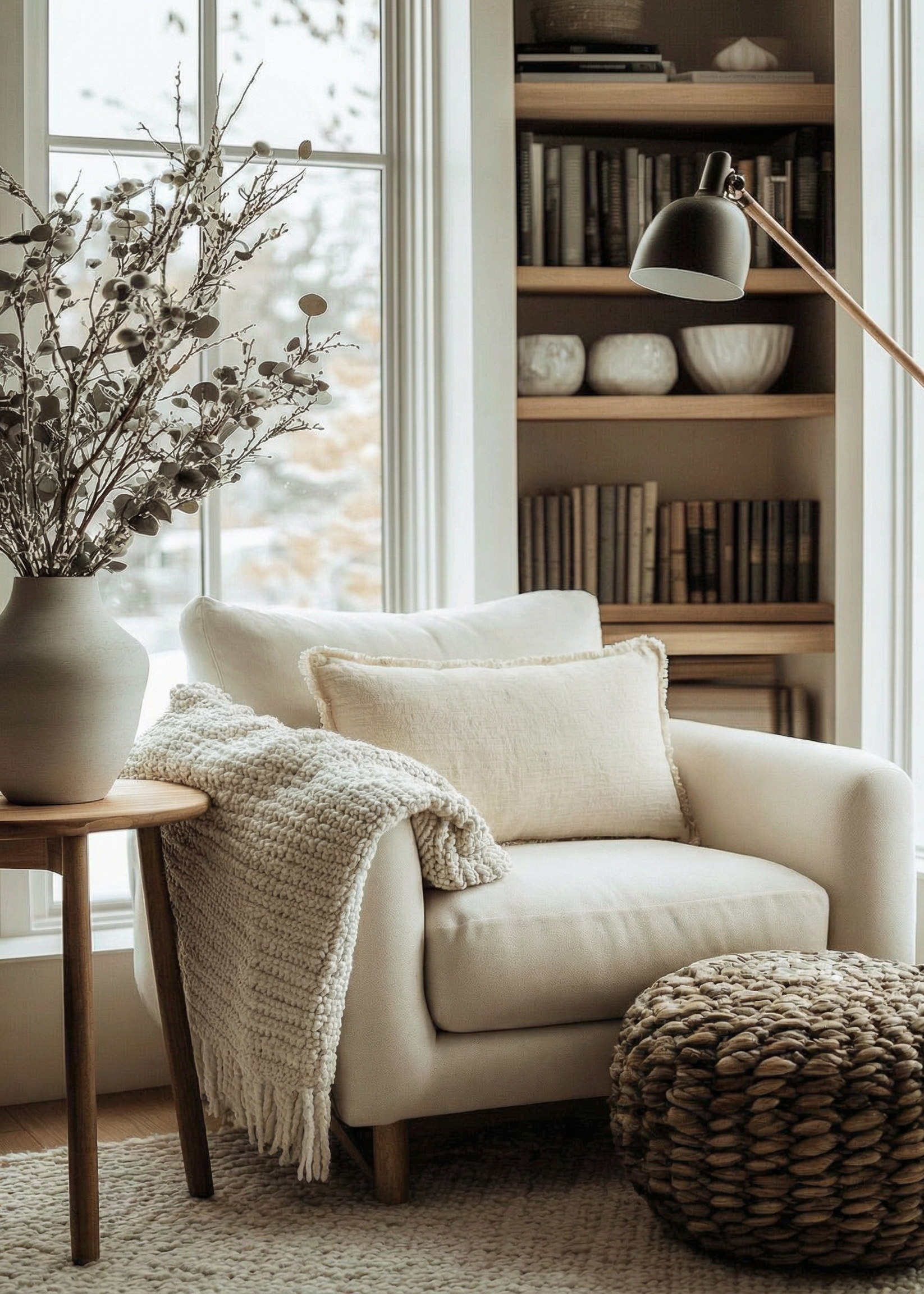 Cozy living room with beige armchair, bookshelf, and decorative items.