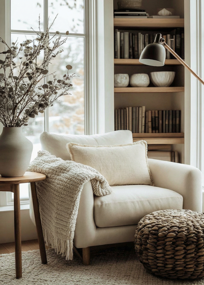 Cozy living room with beige armchair, bookshelf, and decorative items.
