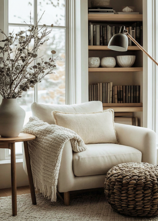 Cozy living room with beige armchair, bookshelf, and decorative items.