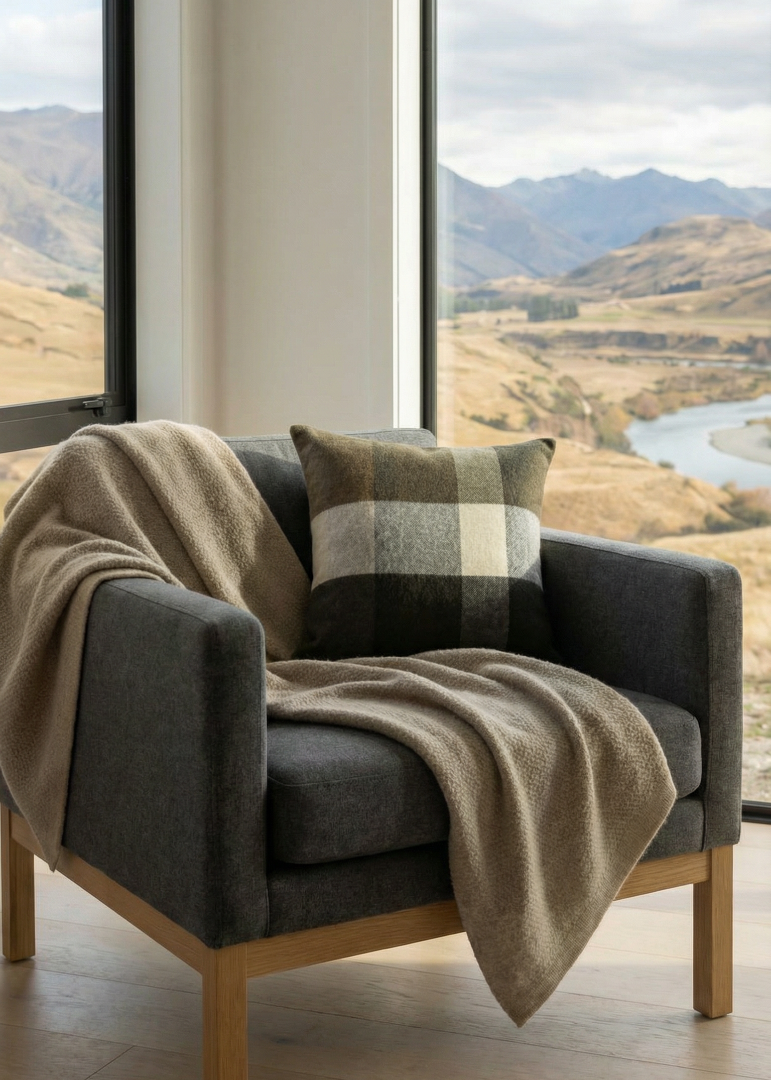 Gray armchair with a plaid pillow and blanket in a room with large windows showing a scenic view of mountains and a river.