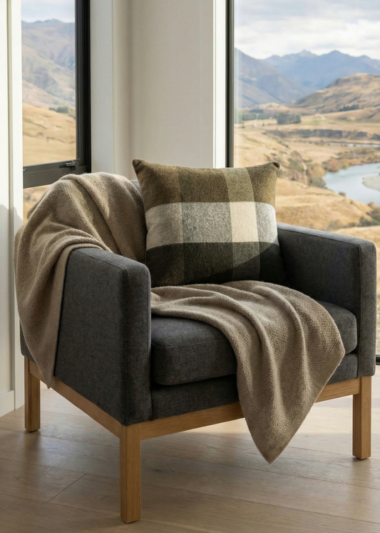 Gray armchair with a plaid cushion and blanket in a room with large windows showing a scenic view of mountains and water.