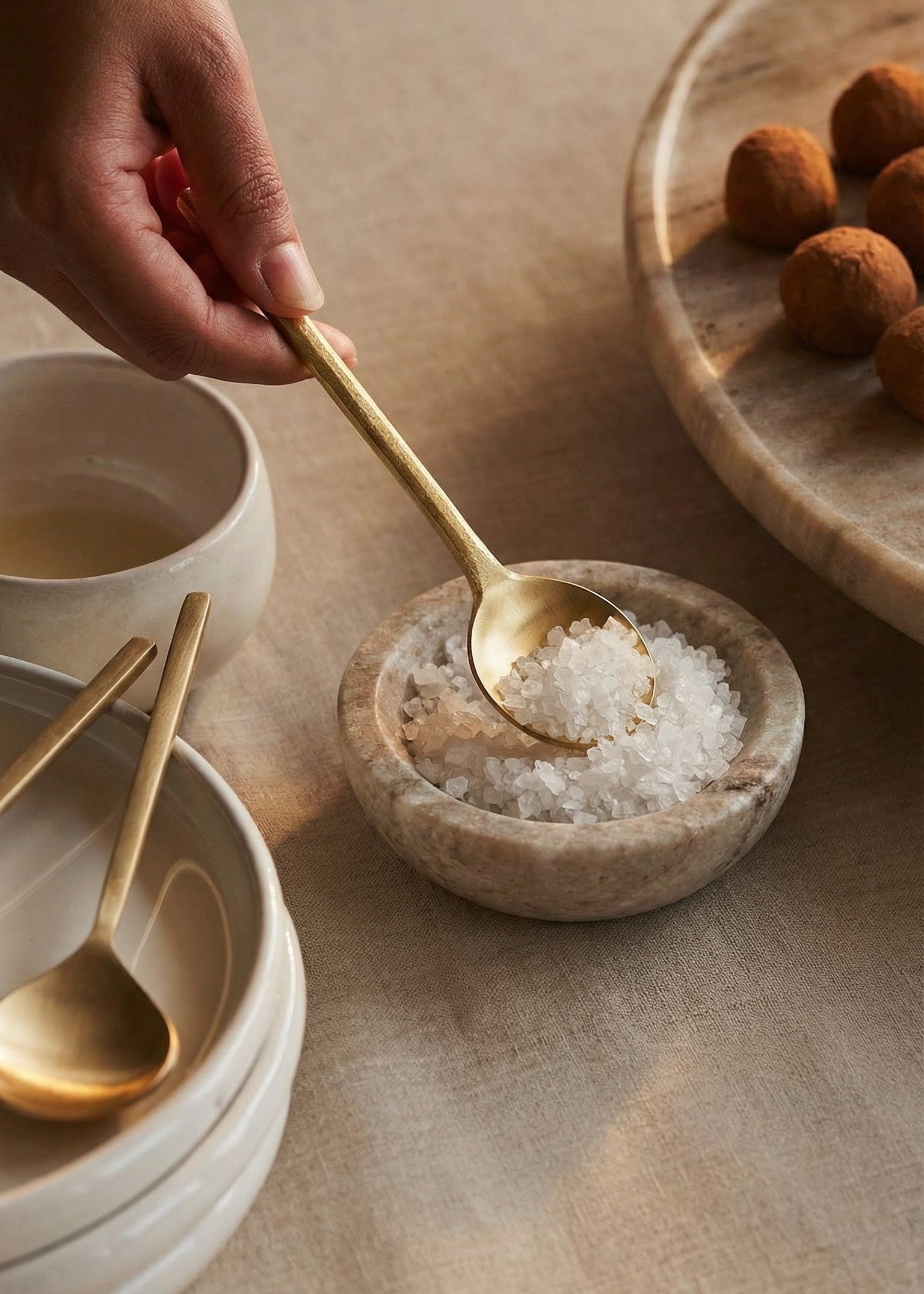 Person using a gold spoon to scoop salt from a small stone dish on a wooden table.